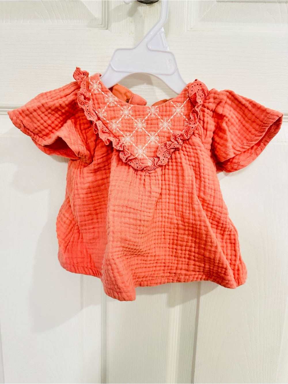 Girls Coral Ruffled Eyelet Yoke Top